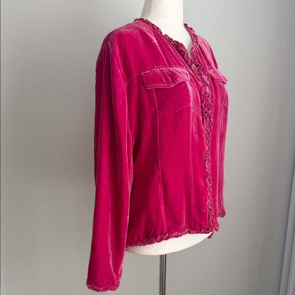 Chico’s Velvet Jacket Magenta Pink Ruffle Trim Rayon Silk Blend Boho Romantic XL - Picture 5 of 12